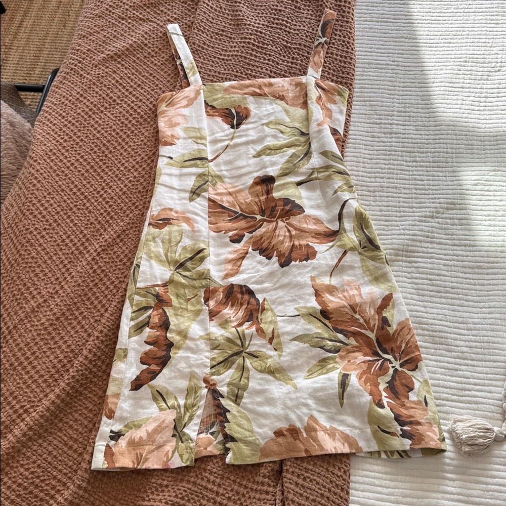 Zulu & Zephyr Floral Linen Dress in White, Brown & Olive